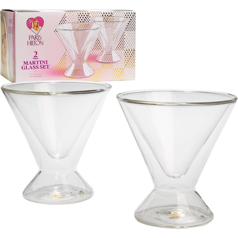 🍸 Paris Hilton Double Wall Glass Martini Glasses Set of 4 NIB